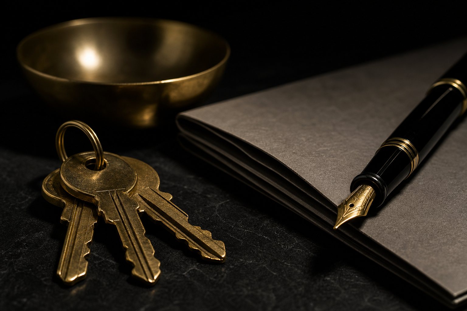 Keys and documents on a dark surface