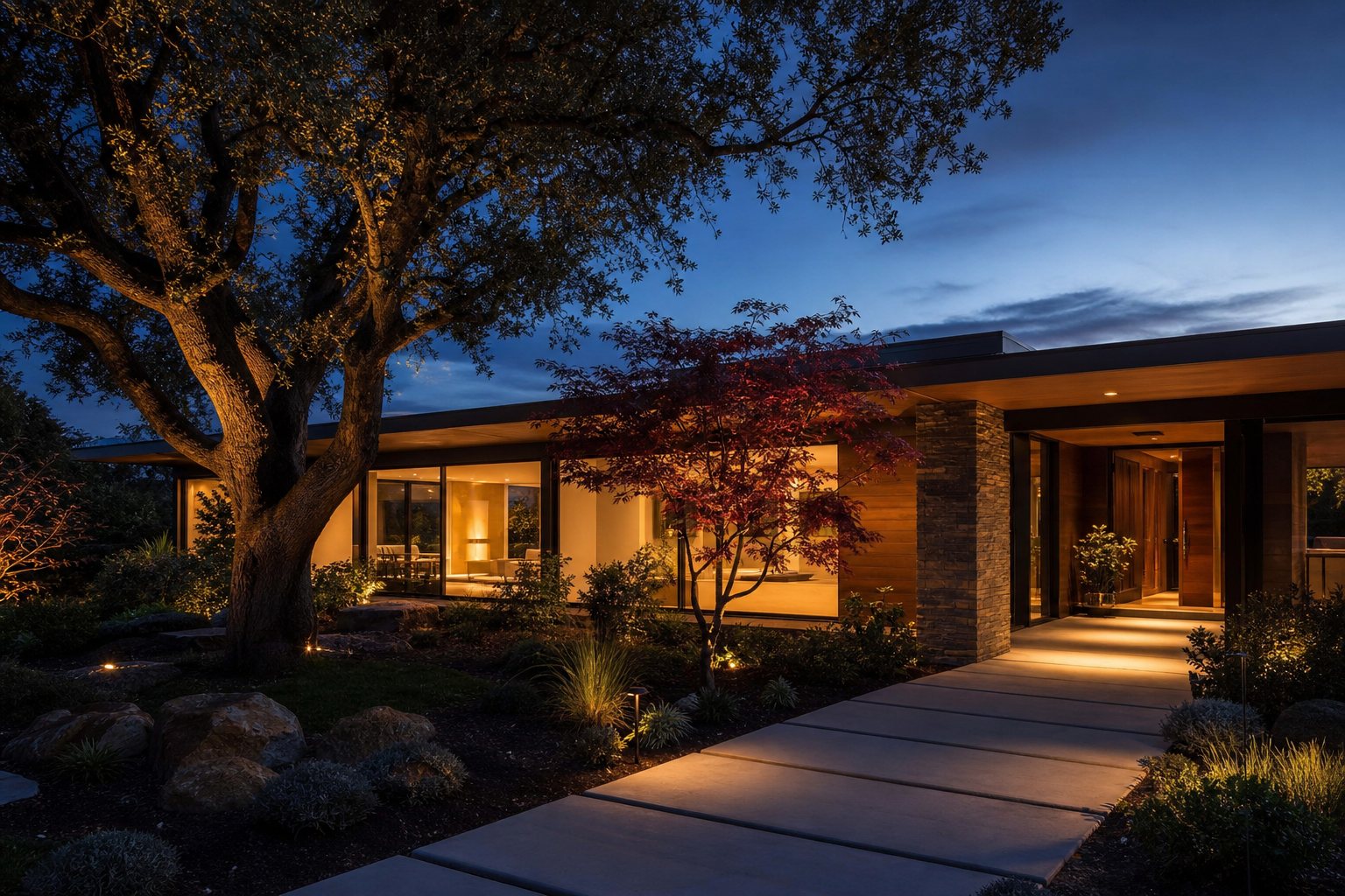 Contemporary Peninsula home at dusk with warm interior light